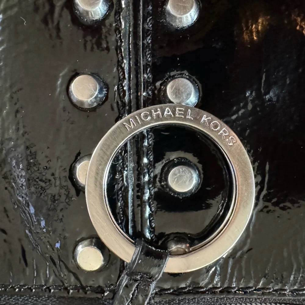 Michael Kors‎ Black Patent Leather Studded Coin Purse Key Ring Pouch